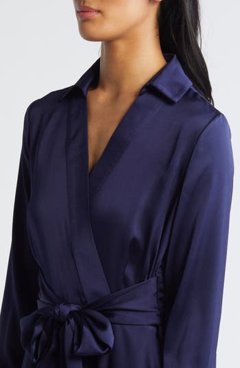 Long Sleeve Hammered Satin Wrap Front Shirtdress