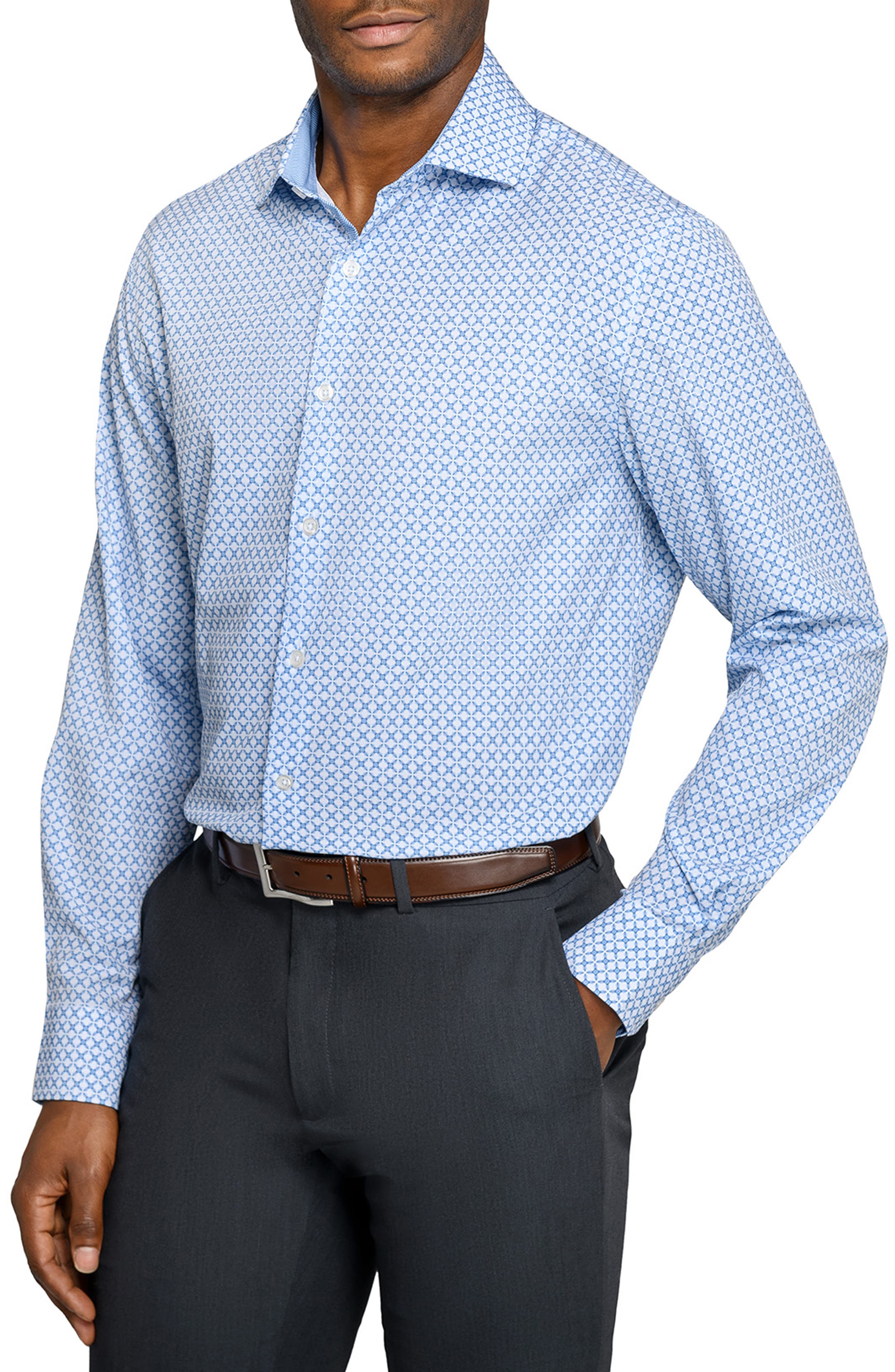 Wrk W.r.k Regular Fit Blue Geometric Print Performance Dress Shirt