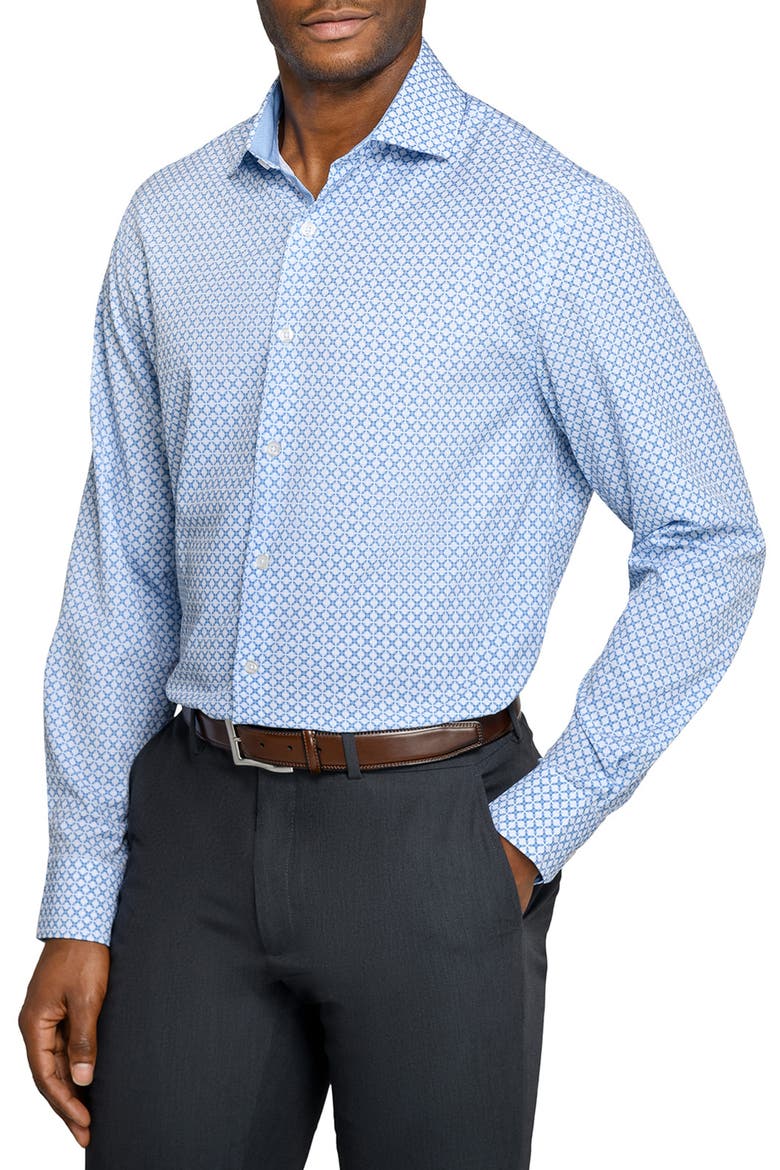 Regular Fit Blue Geometric Print Performance Dress Shirt, Main, color, WHITE/ BLUE