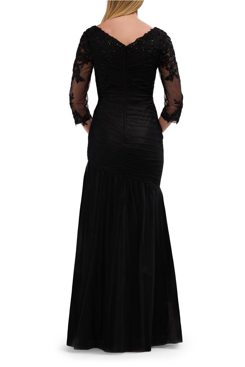 Tulle Evening Gown with Trumpet Skirt and Lace Illusion Sleeves, Alternate, color, Black