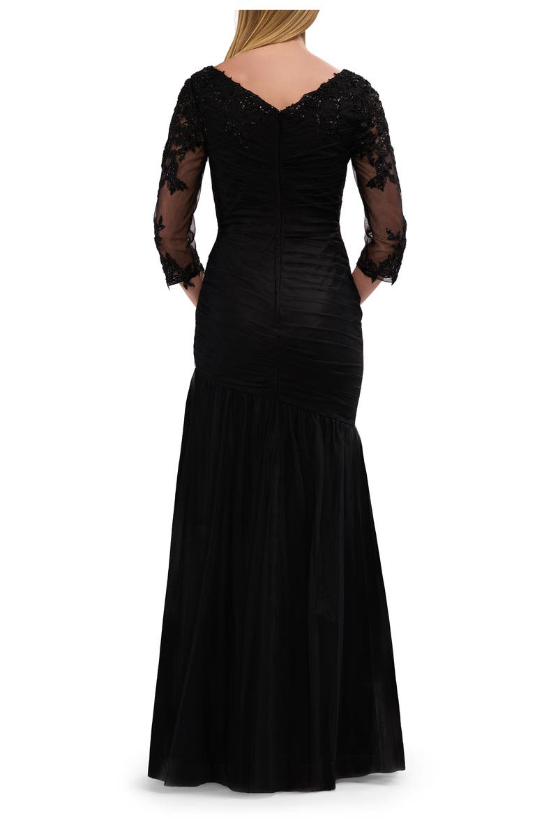 La Femme Tulle Evening Gown with Trumpet Skirt and Lace Illusion Sleeves, Alternate, color, Black