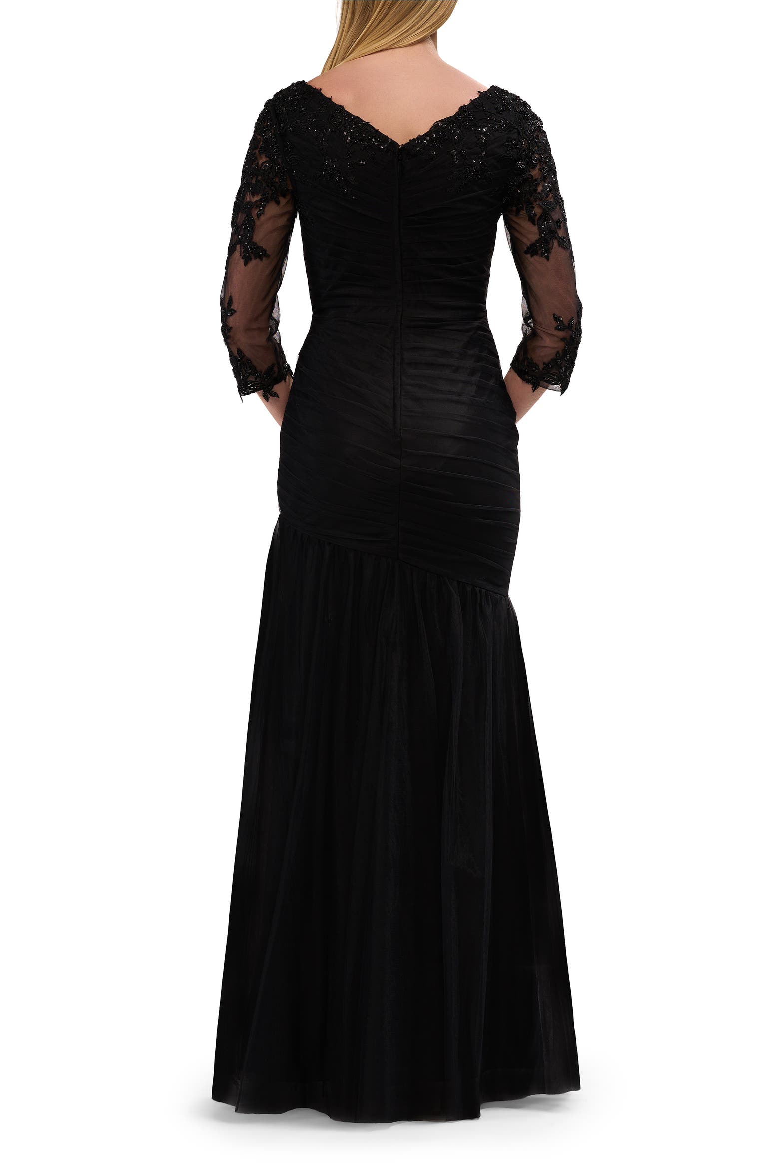 Every Trumpit Note La Femme Tulle Evening Gown with Trumpet Skirt and Lace Illusion ...