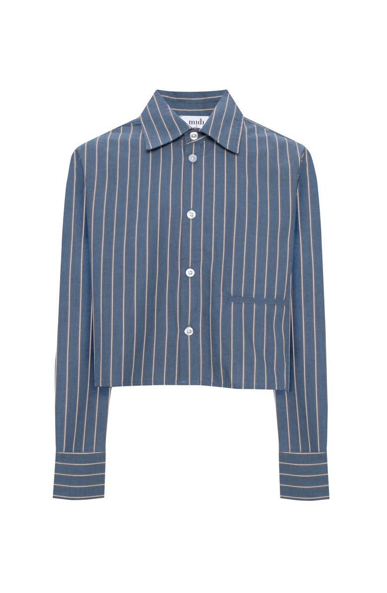 Midi Cropped Striped Button Front Box Pleat Blouse, Main, color, Dark Denim