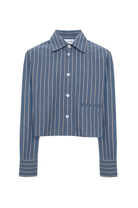 Cropped Striped Button Front Box Pleat Blouse