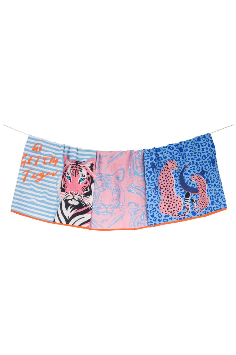 Go Get 'Em Tiger Set of 3 Kitchen Towels, Main, color, BRIGHT BLUE/ HOT PINK