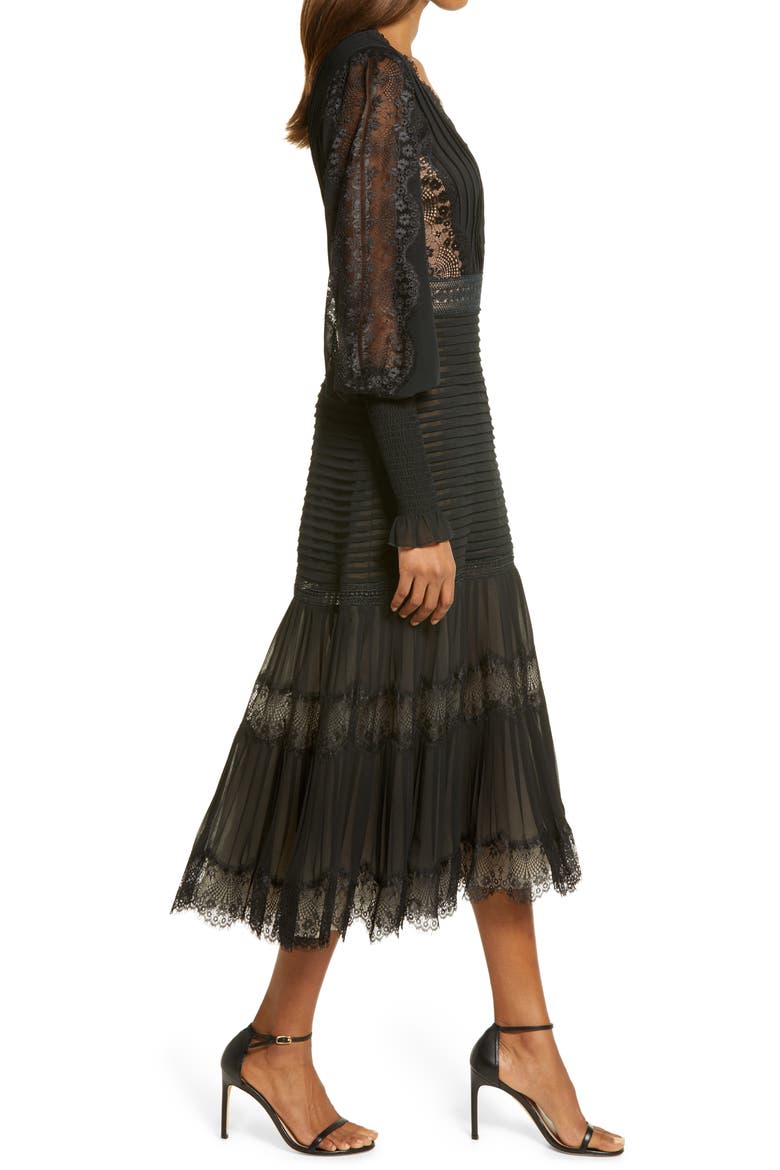 tadashi shoji lace pintuck long sleeve cocktail dress Nyssa Bishop Sleeve Dress-BLACK/NUDE-6