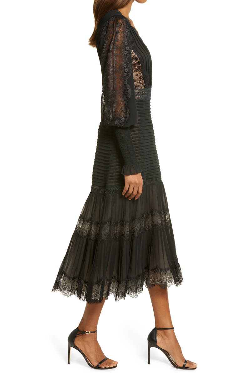 Tadashi Shoji Lace Pintuck Long Sleeve Cocktail Dress, Alternate, color, Black/ Nude
