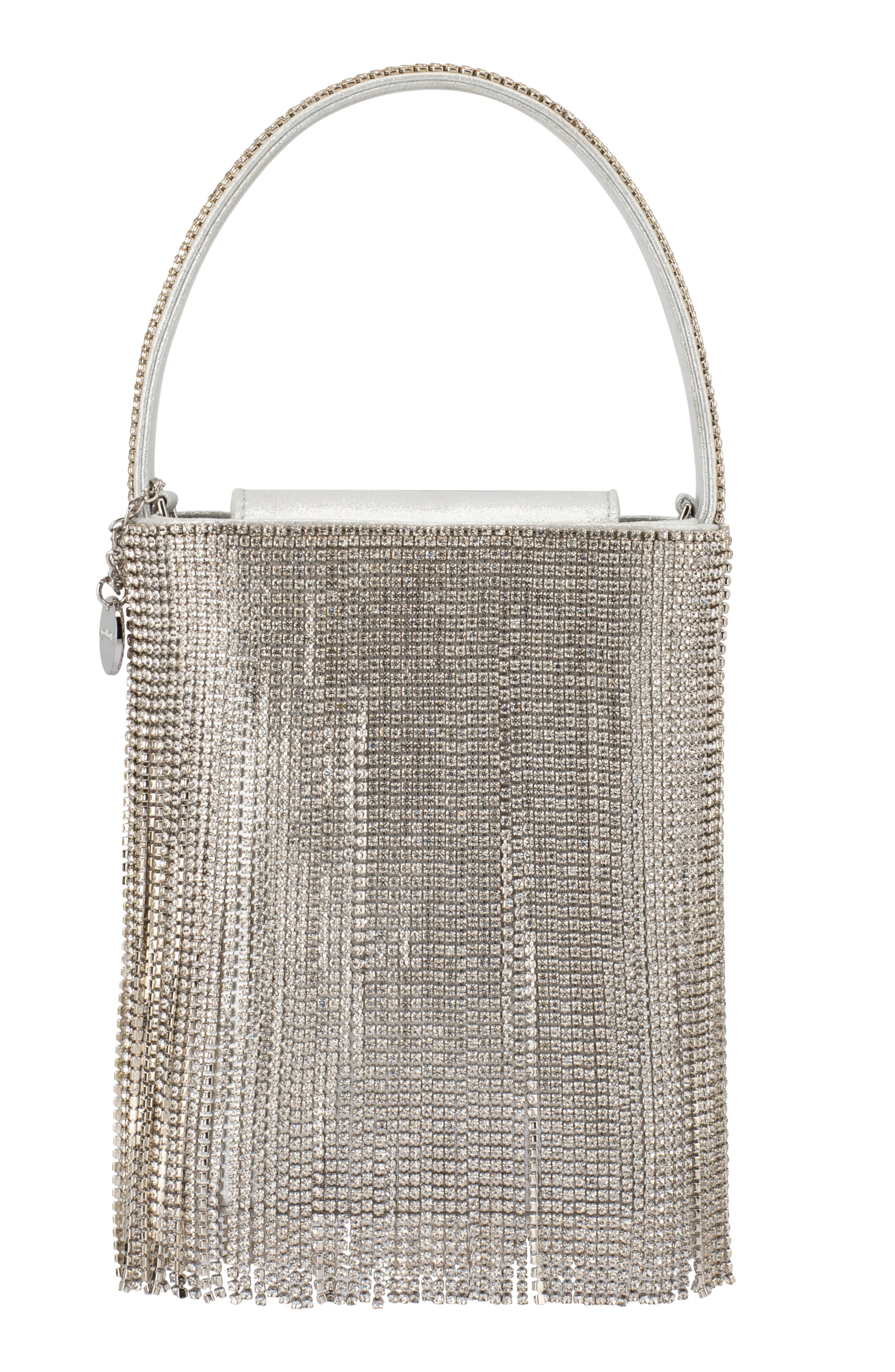 Olga Berg Billie Crystal Fringe Top Handle Bag, Main, color, Silver