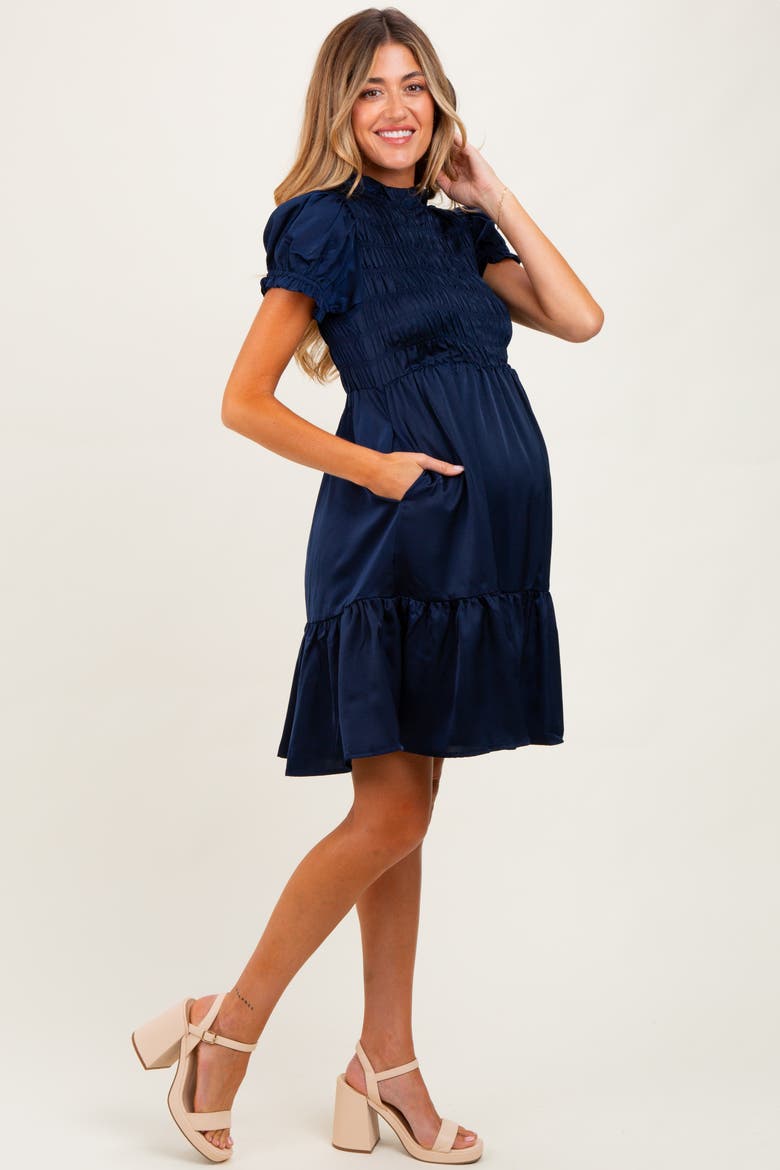 Satin Smocked Mock Neck Dress, Alternate, color, Navy Blue