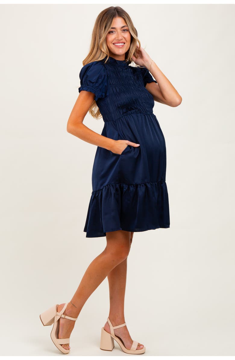 PinkBlush Satin Smocked Mock Neck Dress, Alternate, color, Navy Blue
