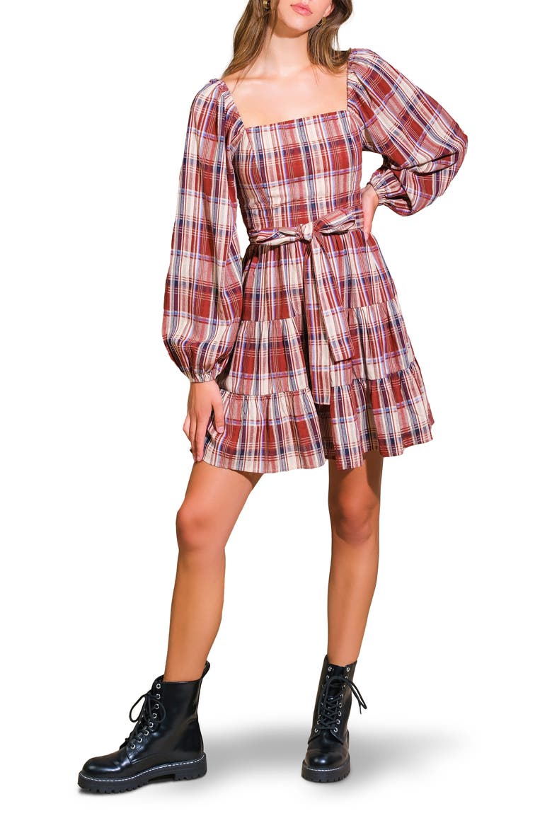 Plaid Long Sleeve Dress, Main, color, BURGUNDY