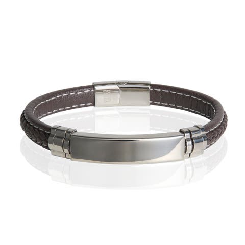 Microfiber Leather and Stainless Steel ID Bracelet for Men - 8.5''