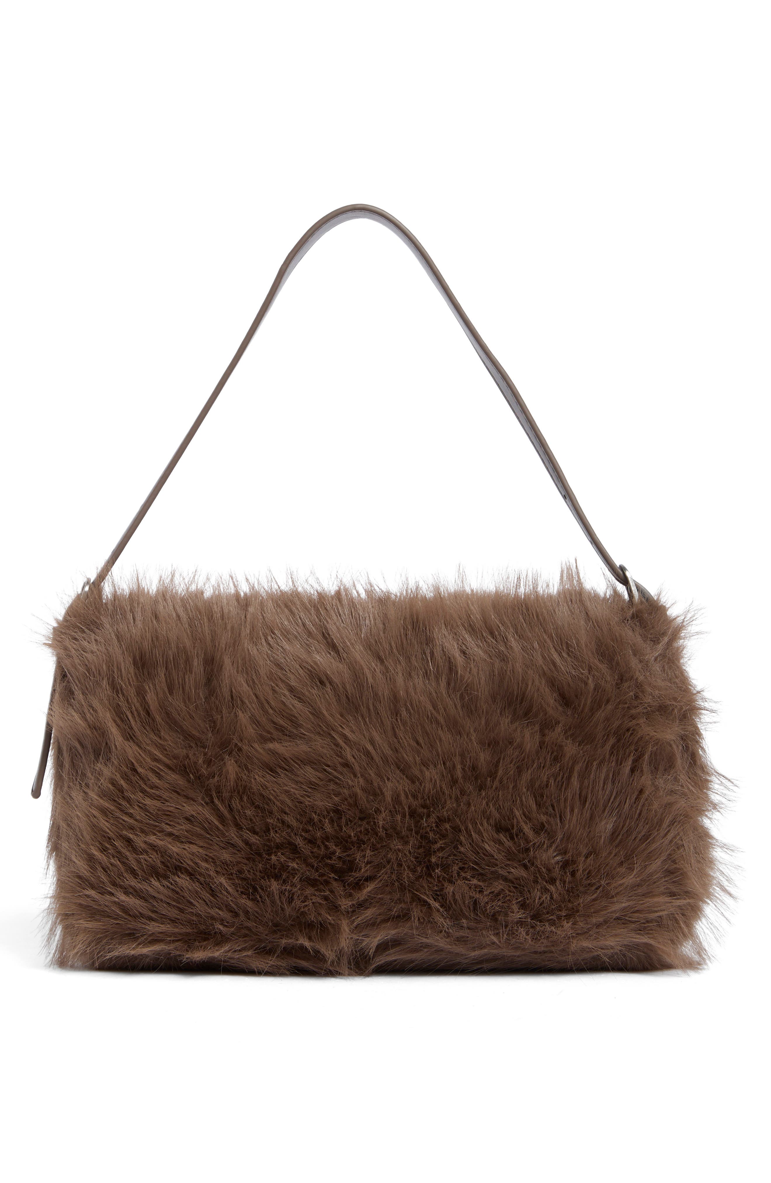 Faux Fur Buckle Shoulder Bag, Alternate, color, MUSHROOM