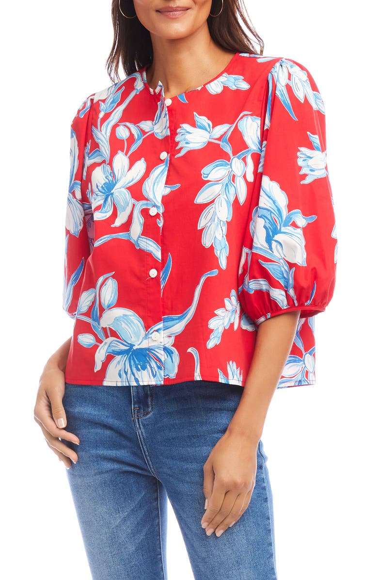 Karen Kane Floral Print Puff Sleeve Cotton Button-Up Shirt, Main, color, Red Print