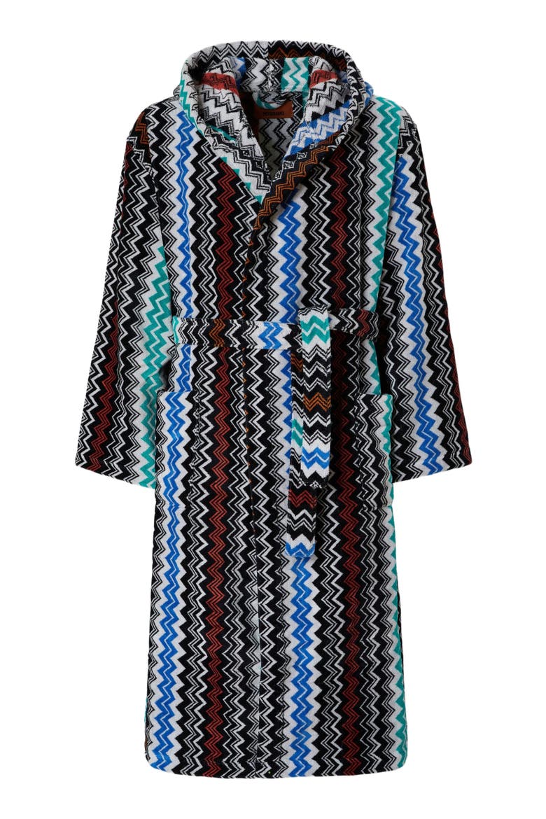 Neoclassic Bathrobe In Cotton Terry With Zigzag Pattern, Alternate, color, Black