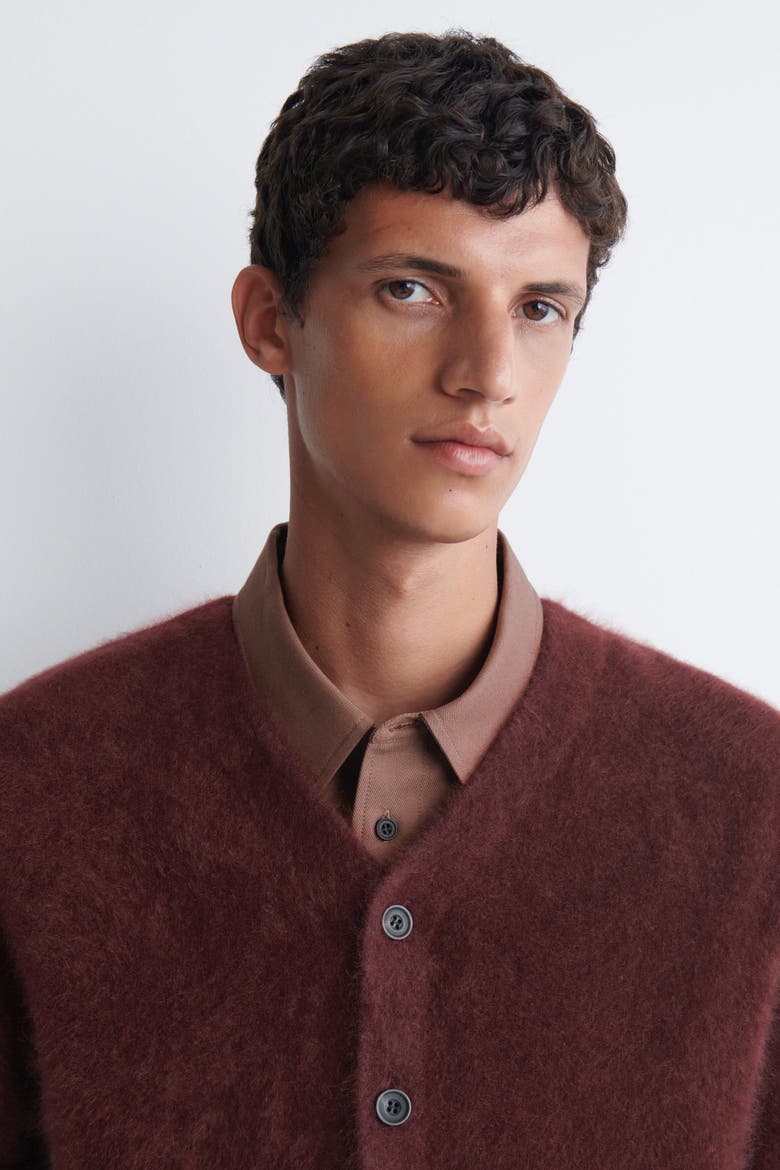 Brushed Pure Cashmere V-neck Cardigan, Alternate, color, WINE RED