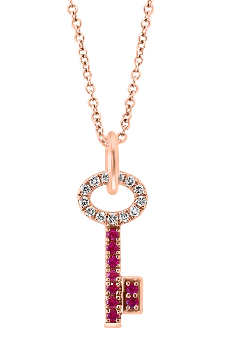EFFY 14K Rose Gold Ruby & Diamond Key Pendant Necklace - 0.10ct., Alternate, color, Red