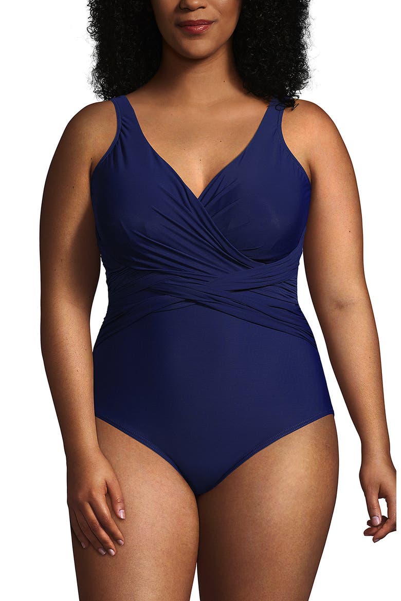 Plus Size DD-Cup Slender Tummy Control Chlorine Resistant Wrap One Piece Swimsuit, Alternate, color, Deep Sea Navy