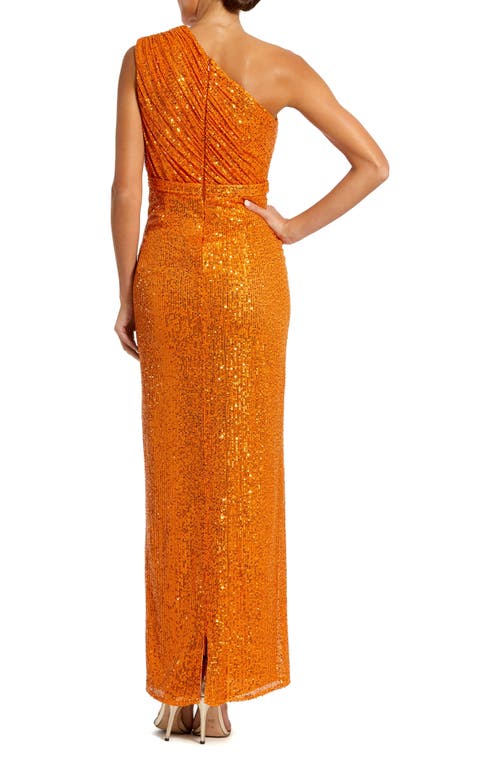 Mac Duggal Sequined Ruched One Shoulder Gown In Orange