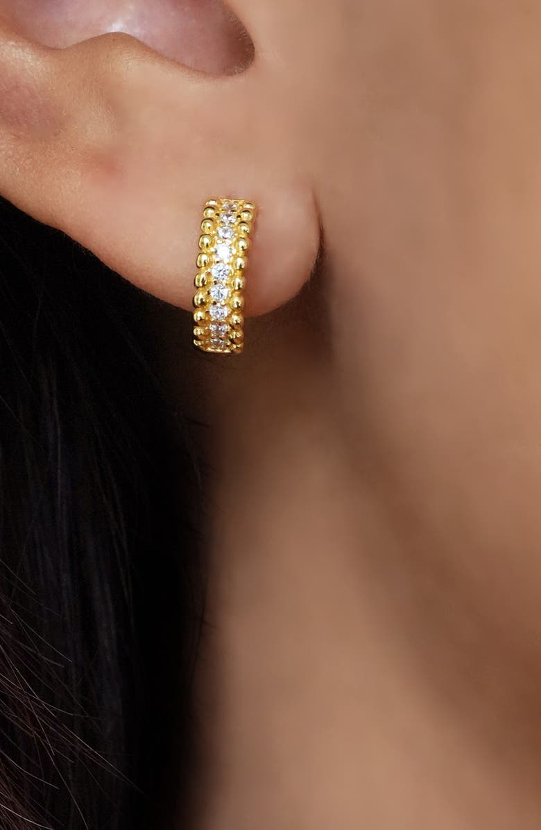 Argento Vivo Sterling Silver Beaded Cubic Zirconia Hoop Earrings, Alternate, color, Gold