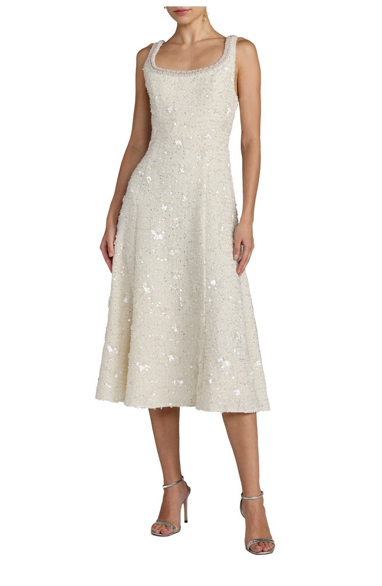 Mac Duggal Boucle Embellished Square Neck A Line Midi Dress, Main, color, Ivory