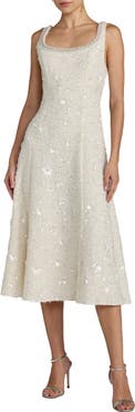 Mac Duggal Boucle Embellished Square Neck A Line Midi Dress