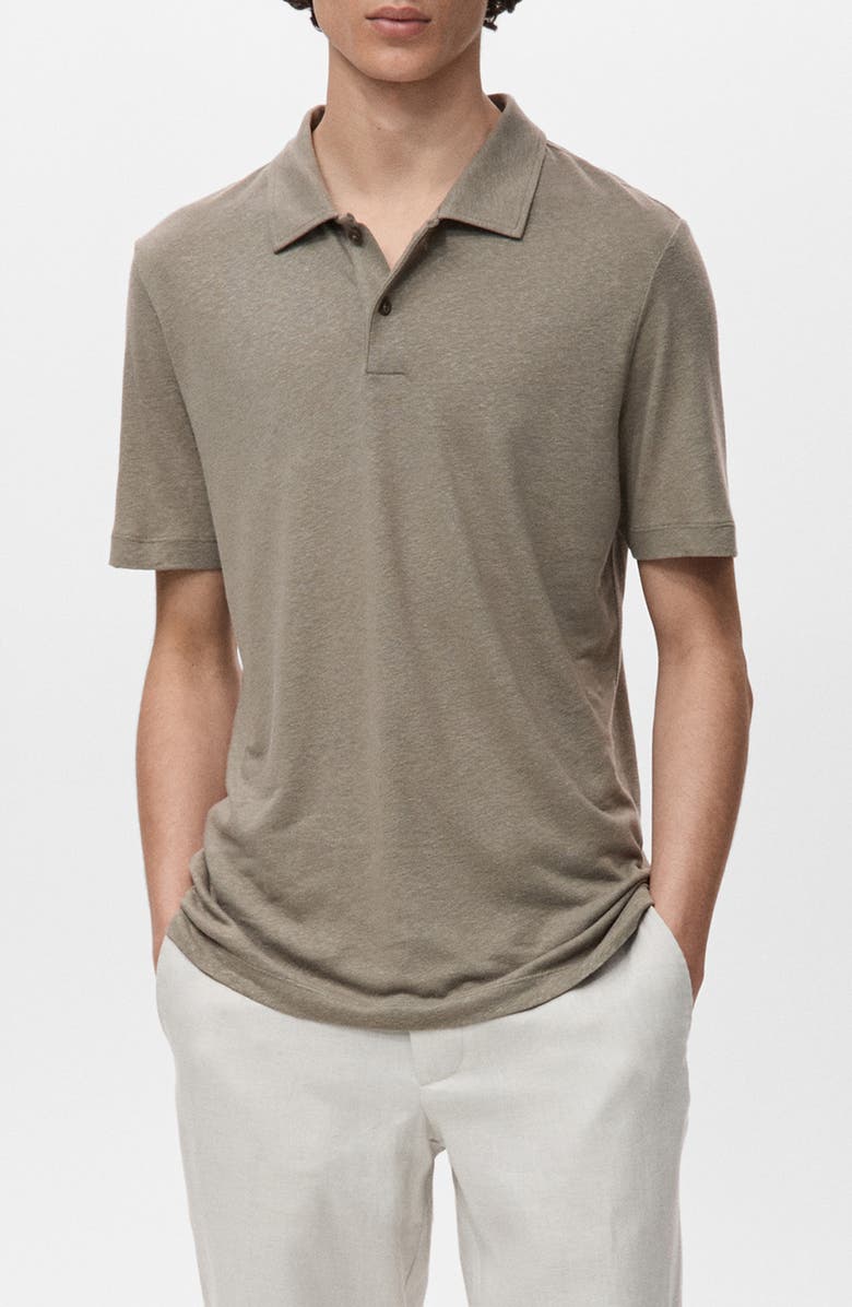 MANGO Slim Fit Linen Blend Jersey Polo, Main, color, Chocolate
