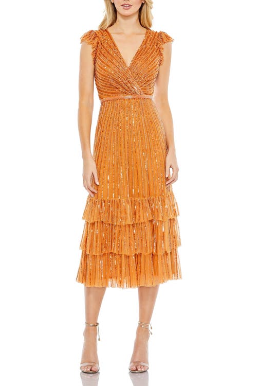Mac Duggal Sequined Wrap Over Cap Sleeve Ruffle Hem Dress