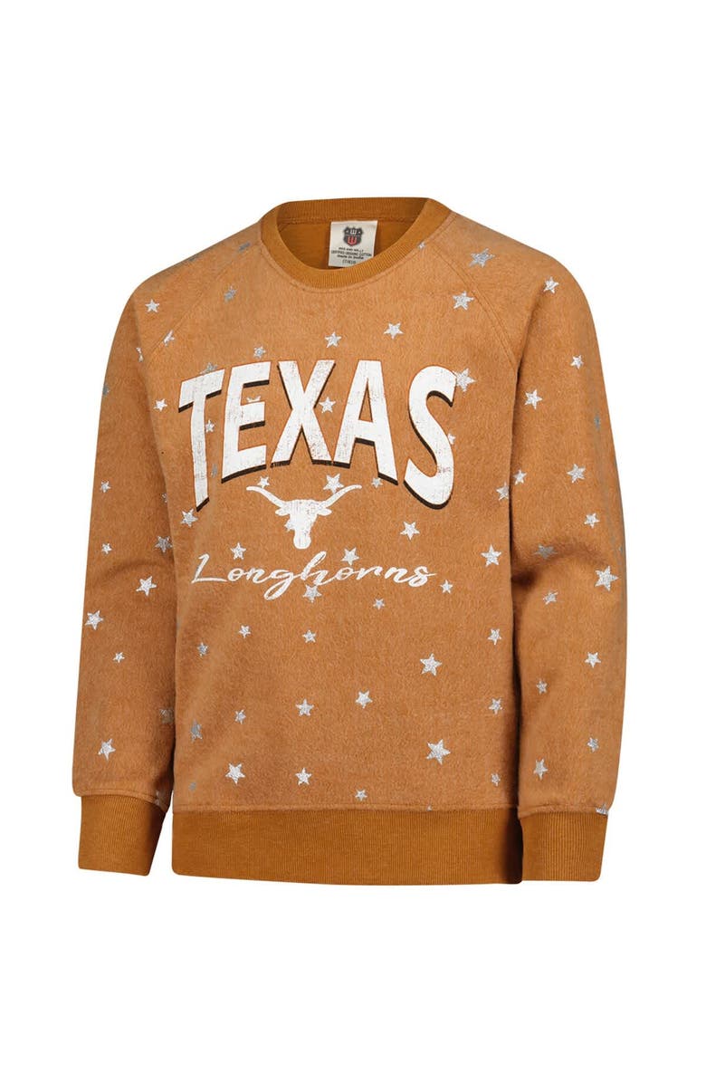 Wes & Willy Girls Youth Wes & Willy  Burnt Orange Texas Longhorns Shimmer Star Reverse Sweatshirt, Alternate, color, Burnt Orange