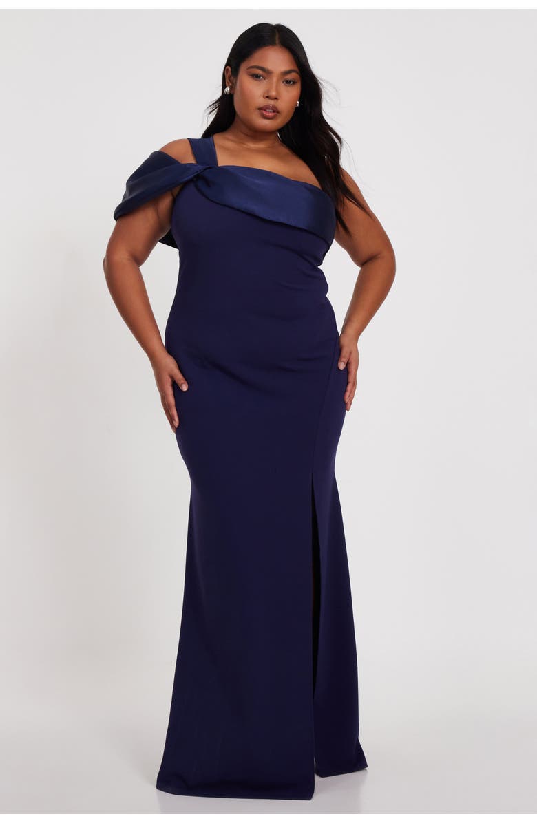 QUIZ Plus Size One Shoulder Satin/Scuba Crepe Maxi Dress, Main, color, Navy
