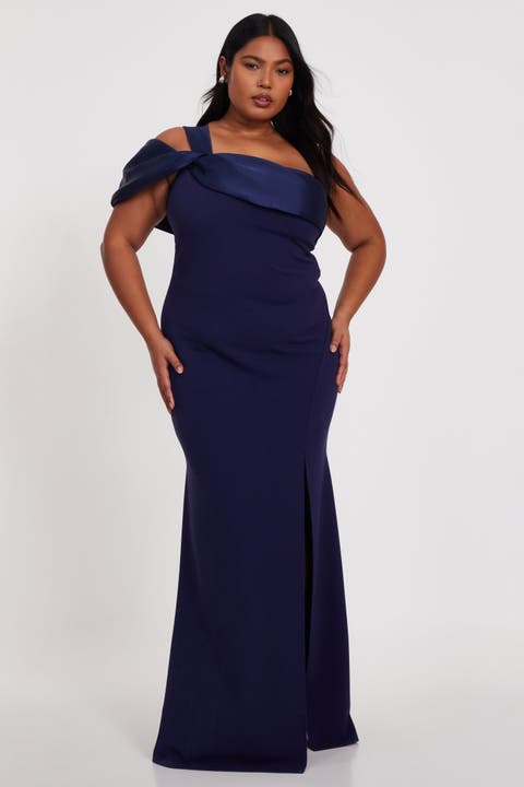 Plus Size One Shoulder Satin/Scuba Crepe Maxi Dress