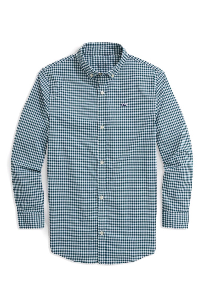 Kids' Gingham Performance Whale Button-Down Shirt, Main, color, ARAWAKGING CHARLESTON GREEN