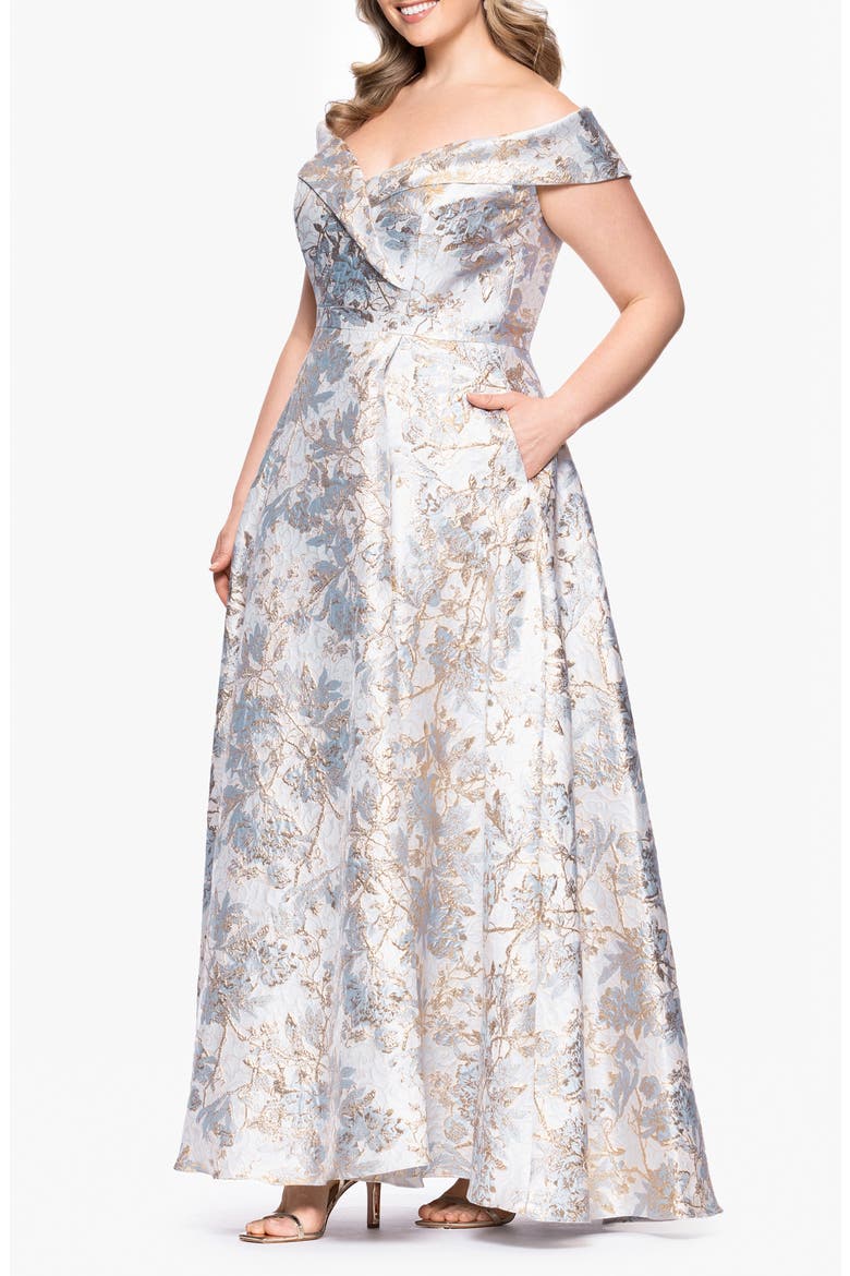 Off the Shoulder Brocade Gown, Alternate, color, BLUE/ GOLD