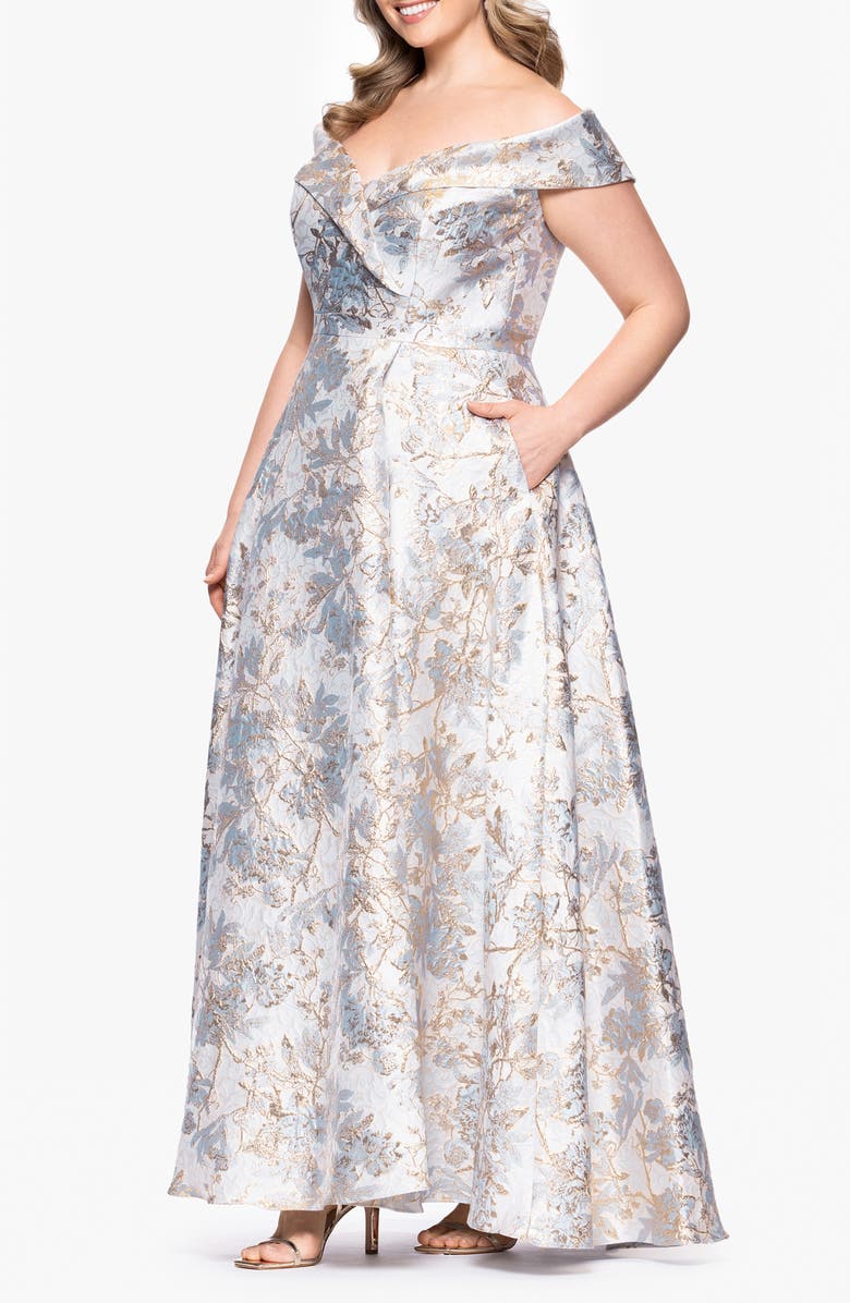 Xscape Evenings Off the Shoulder Brocade Gown, Alternate, color,
