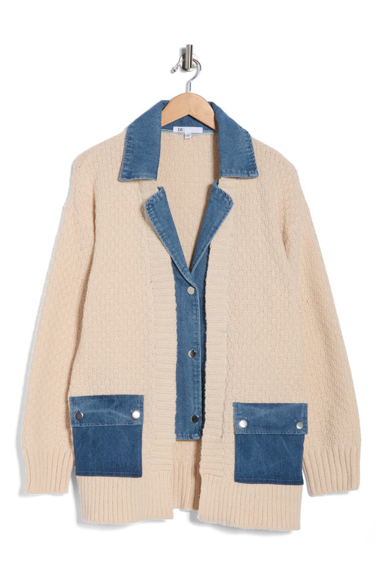 Oversize Denim Trim Cardigan, Alternate, color, CREAM