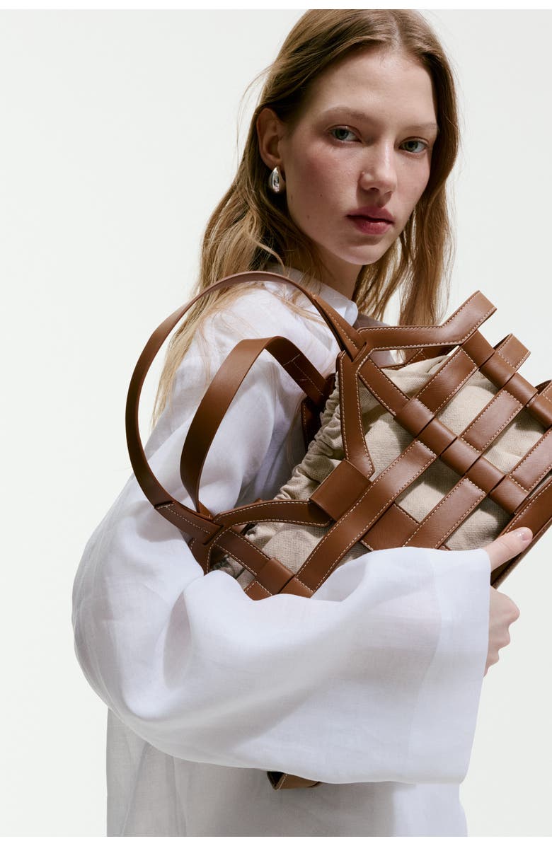 H&M Large drawstring-detail tote bag, Main, color, Brown/Light Beige