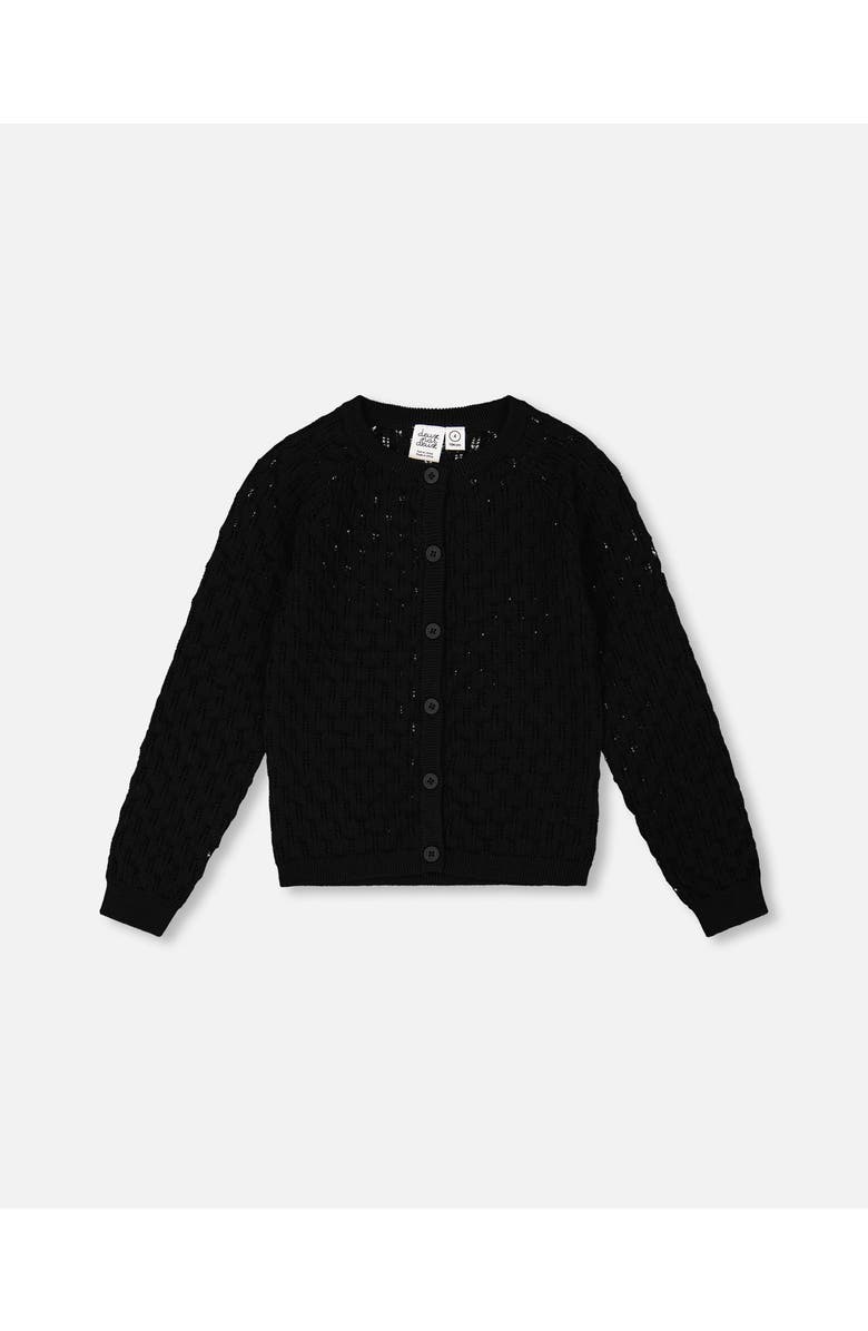 Deux par Deux Girl's Pointelle Knit Cardigan Sweater Black, Main, color, 