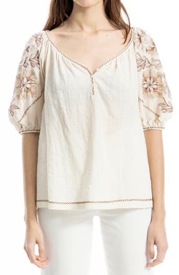 Max Studio Embroidered Puff Sleeve Top In Neutral