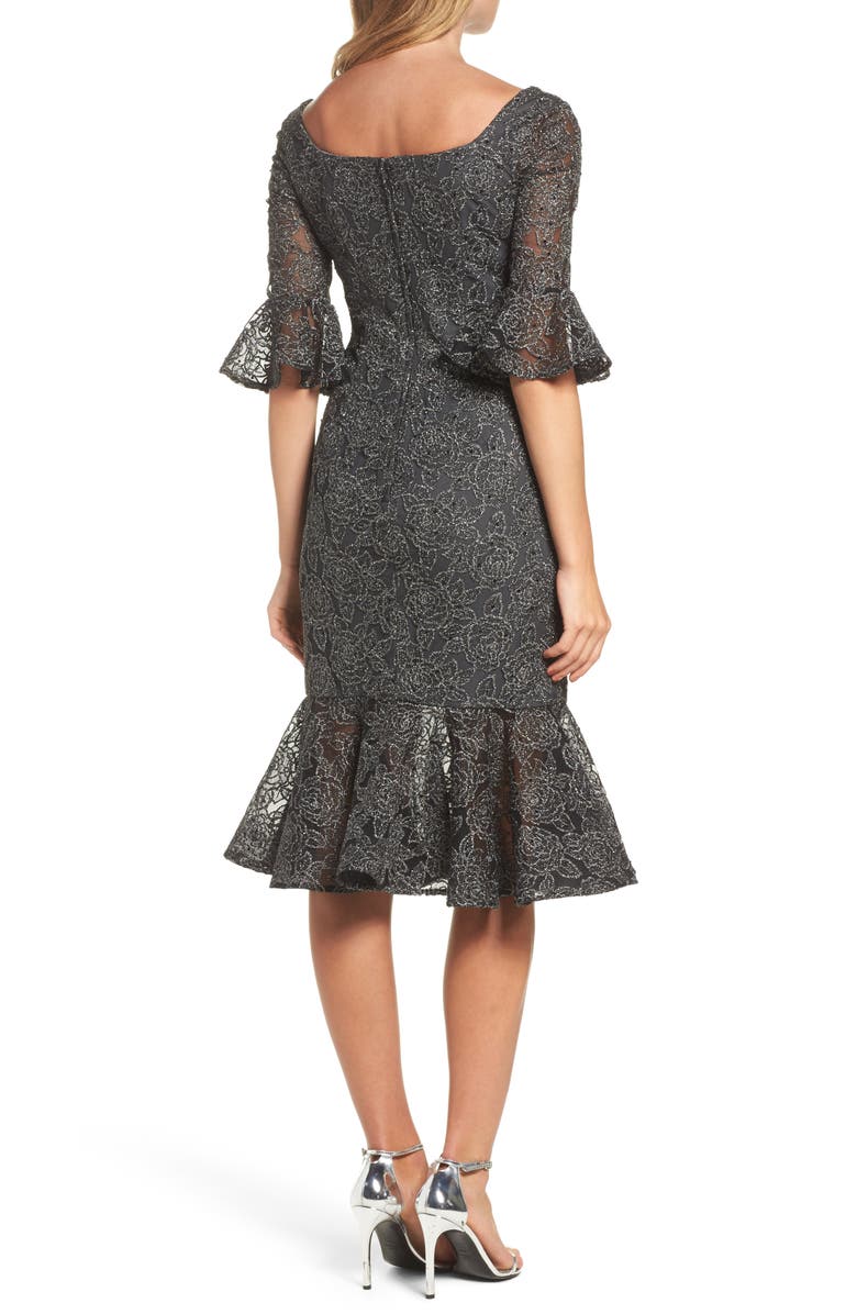 La Femme Mermaid Hem Embroidered Mesh Sheath Dress, Alternate, color,