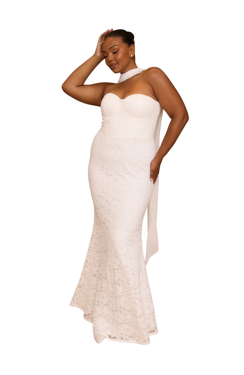 Six Stories Lace Bandeau Maxi Dress With Neck Scarf, Alternate, color, Ivory