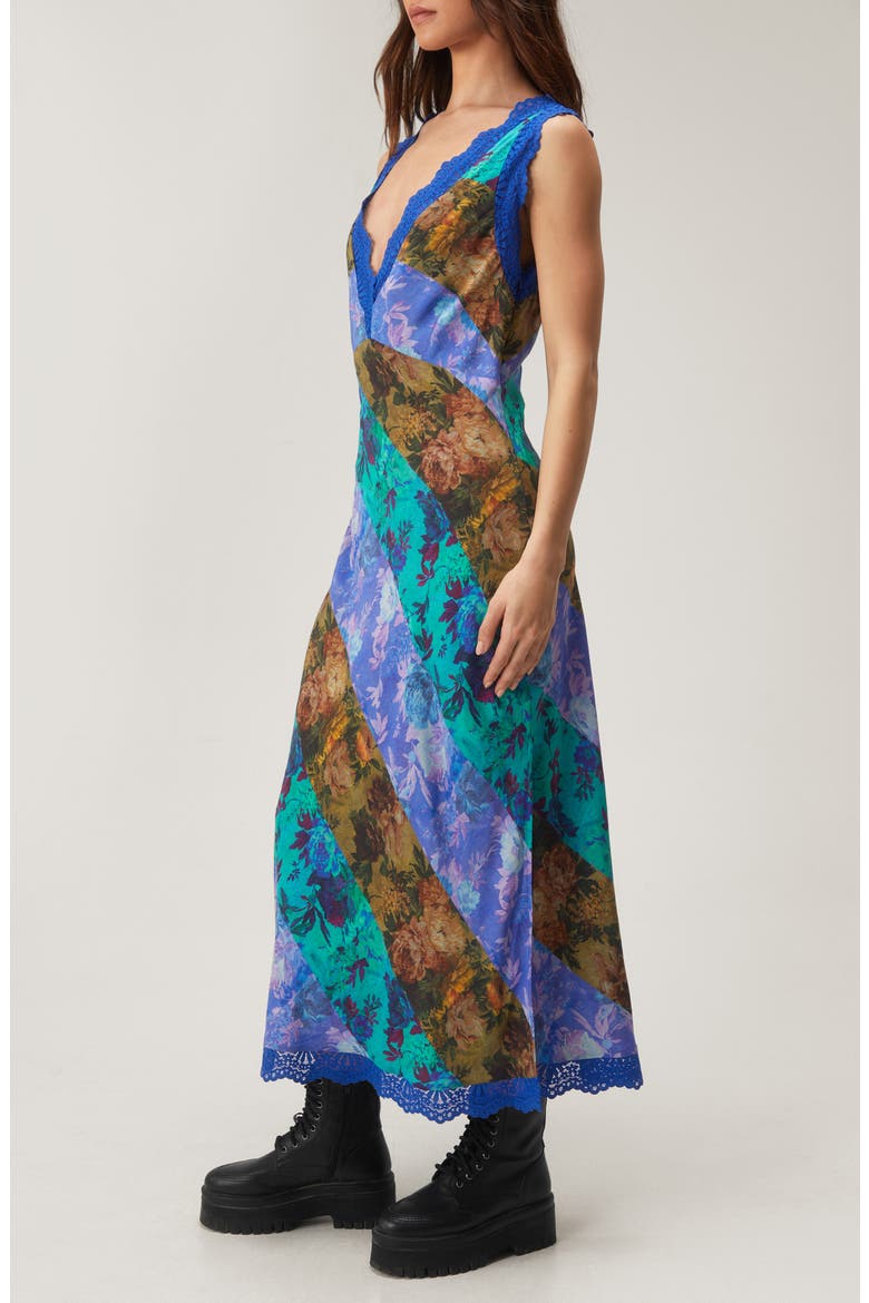Mixed Floral Print Lace Trim Midi Dress, Alternate, color, BLUE
