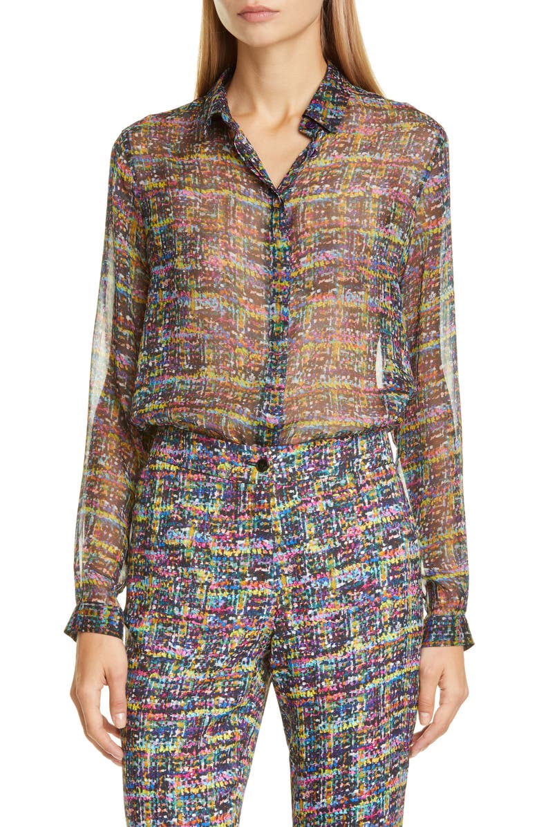 Etro Tweed Print Silk Tunic Blouse, Main, color,