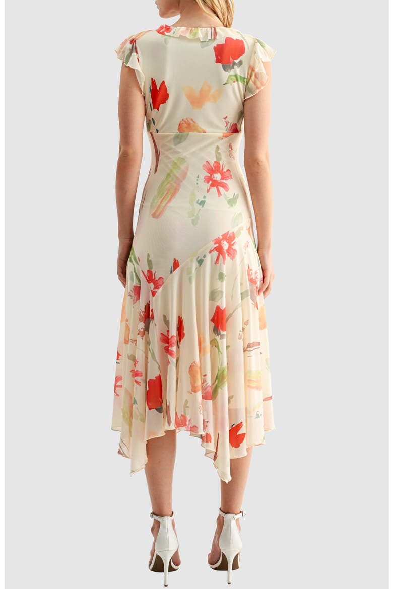 Floral Flutter Sleeve Handkerchief Hem Mesh Dress, Alternate, color, BUTTER RED MULTI