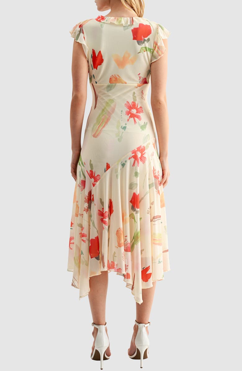 All in Favor Floral Flutter Sleeve Handkerchief Hem Mesh Dress, Alternate, color, Butter Red Multi