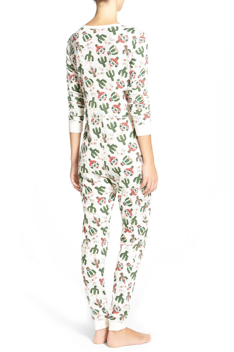 'Holiday Cactus' Thermal One-Piece Pajamas, Alternate, color, IVORY EGRET FELIZ NAVIDAD