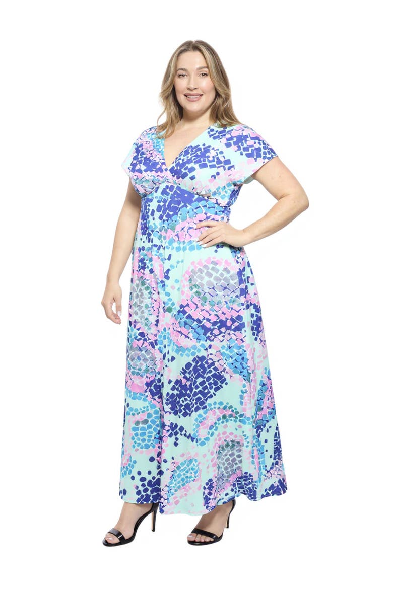 Curvy Essential V-Neck Empire Waist Cap Sleeve Maxi Dress, Alternate, color, Blue Multi