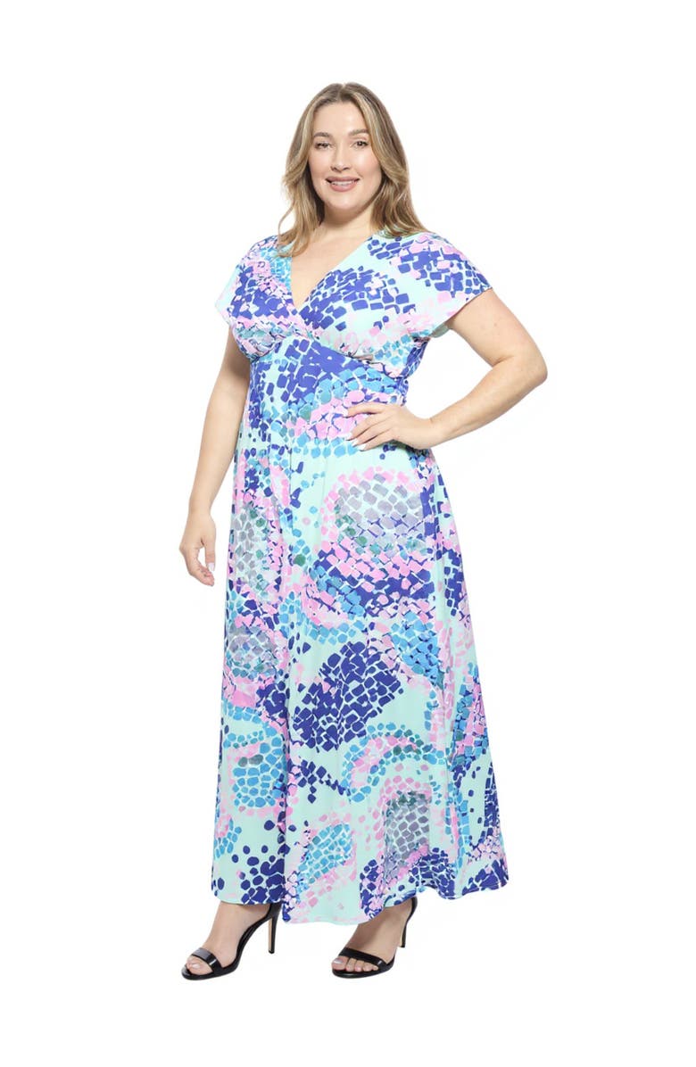 24seven Comfort Apparel Curvy Essential V-Neck Empire Waist Cap Sleeve Maxi Dress, Alternate, color, Blue Multi