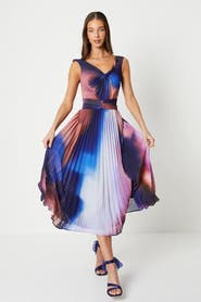 Coast Printed Pleated V-Neck Midi Dress