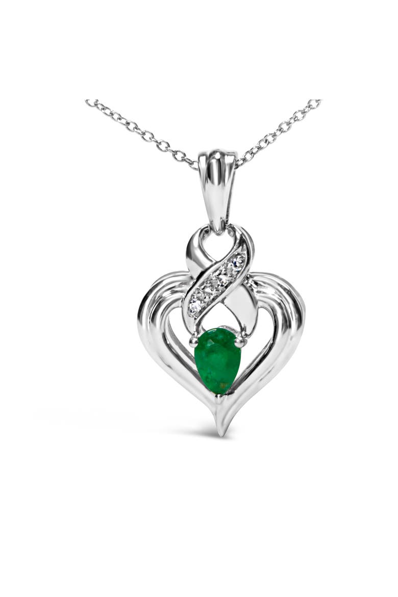 Silver 6x4mm Pear Emerald and Diamond Accent Heart Pendant Necklace, Alternate, color, White