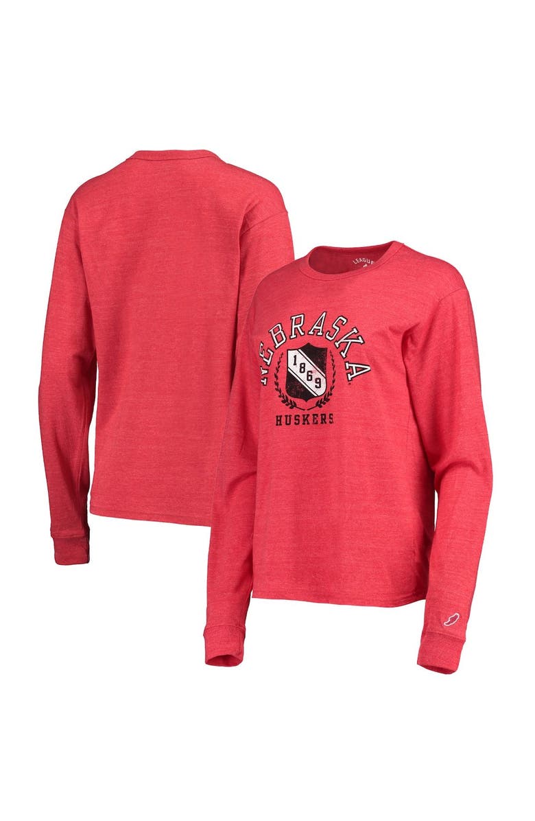 LEAGUE COLLEGIATE WEAR Women's League Collegiate Wear Heathered Scarlet Nebraska Huskers Seal Victory Falls Oversized Tri-Blend Long Sleeve T-Shirt, Main, color, 